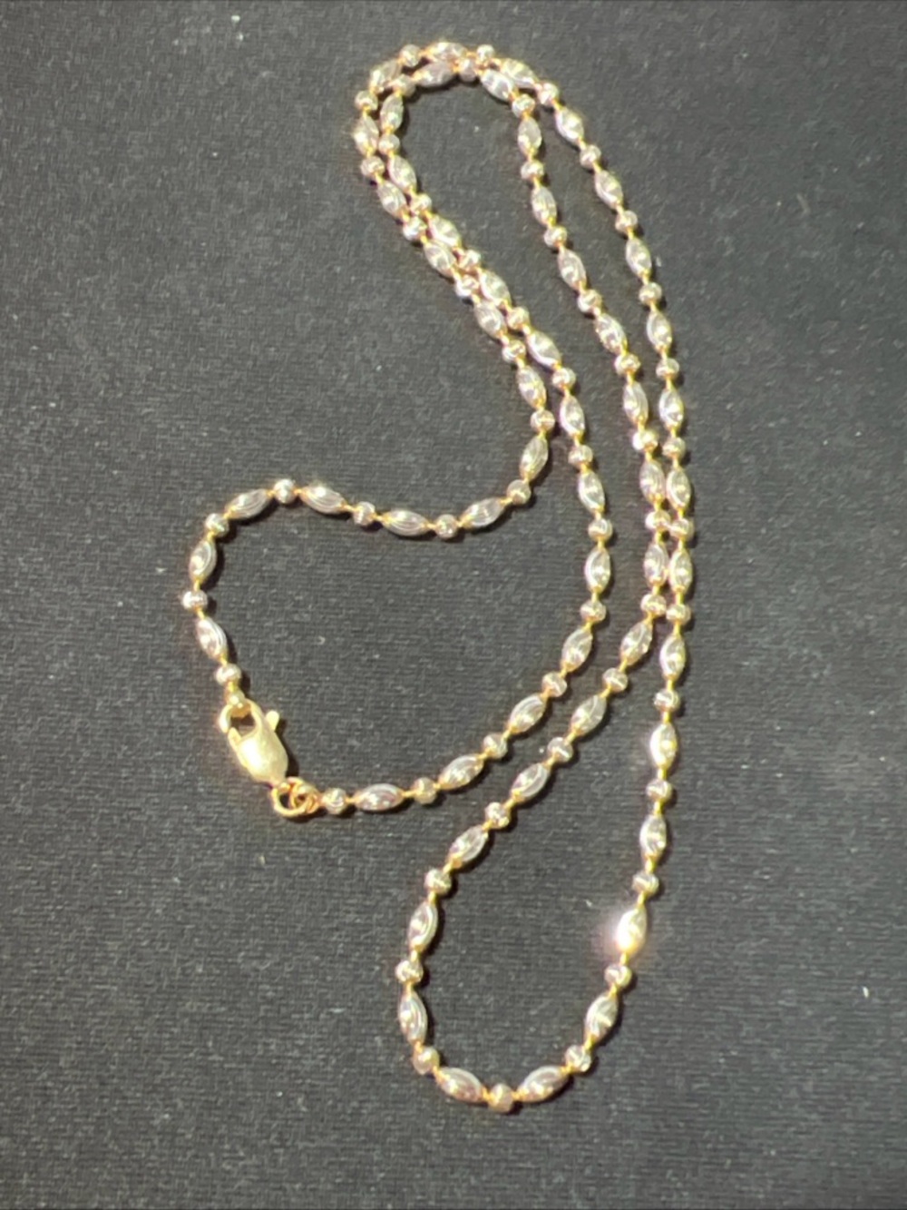 18K White & Yellow Gold 2-Tone Textured Diamond-cut Oval Round Beaded Necklace